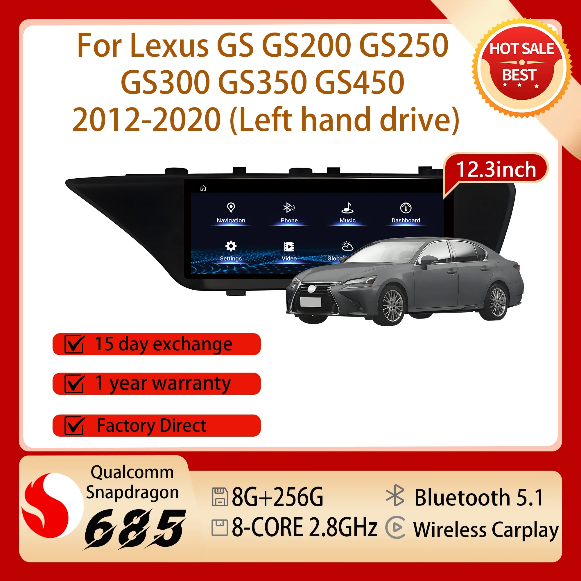 12.3 inch Snapdragon 680 Android 14 For Lexus GS GS200 GS250 GS300 GS350 GS450 2012-2020 Car Radio BT GPS Split Screen Carplay