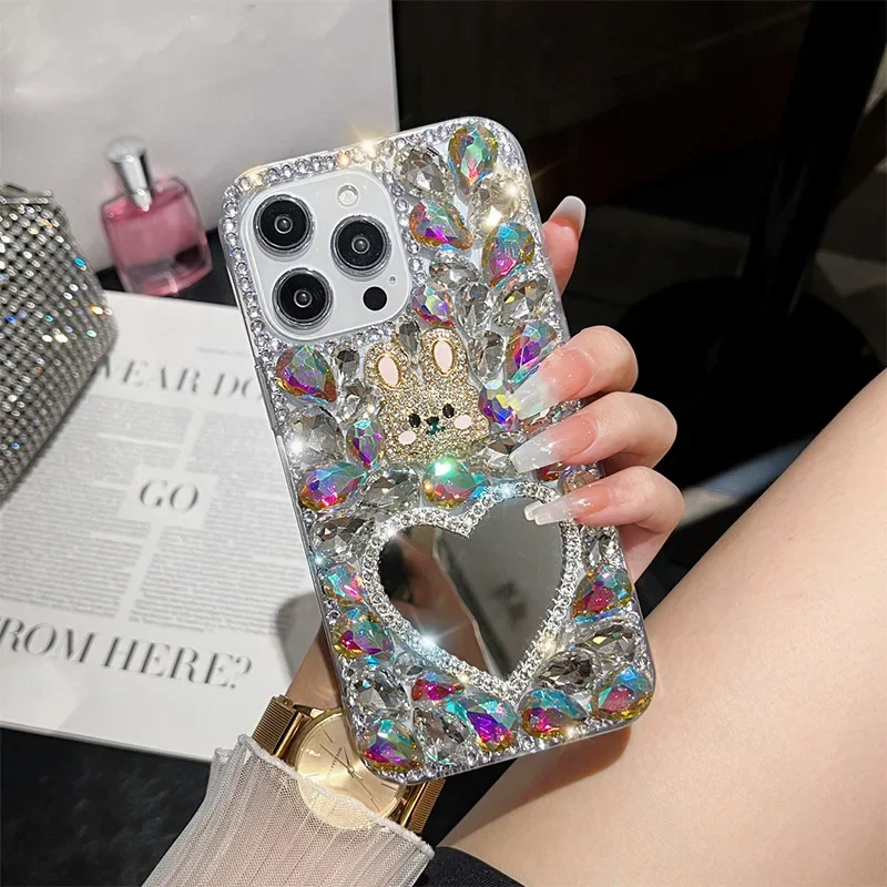 Bling Diamond Cute Rabbit Case for iPhone 11 12 13 14 15 Pro Max XR XS 7 Plus Glitter Rhinestone Mirror Makeup Luxury TPU Cover