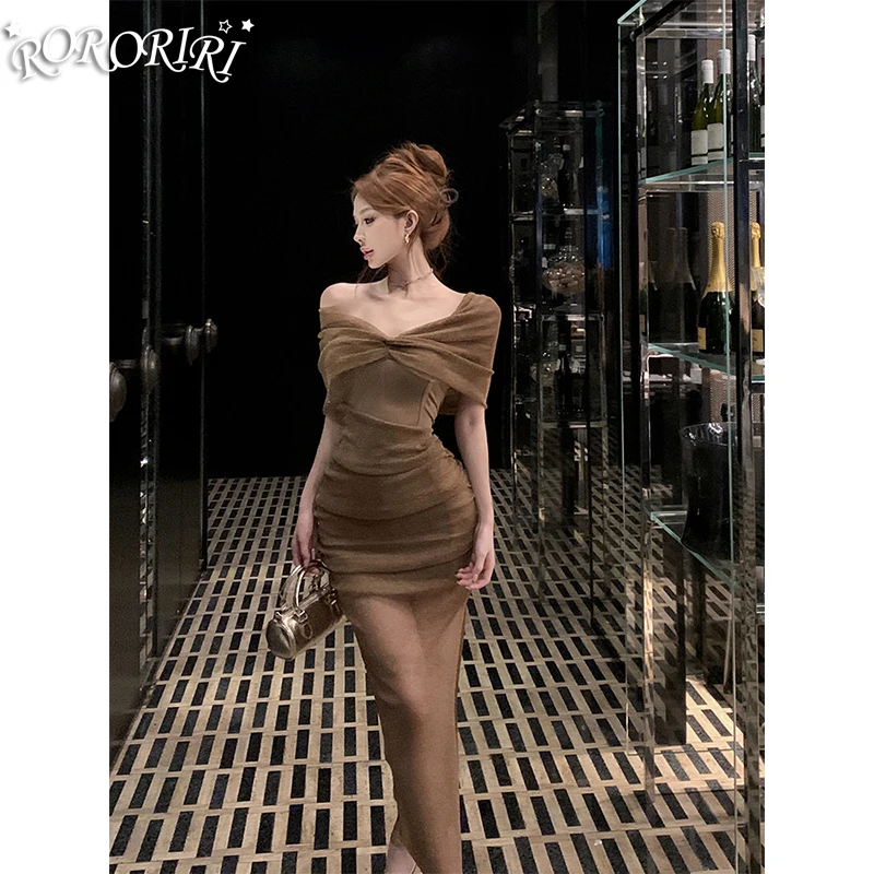 RORORIRI オフショルダー グリッター メッシュ イブニング ドレス ボーン コルセット シャーリング スリム ボディコン スプリット ロング ドレス 高級 レトロ パーティー ガウン
