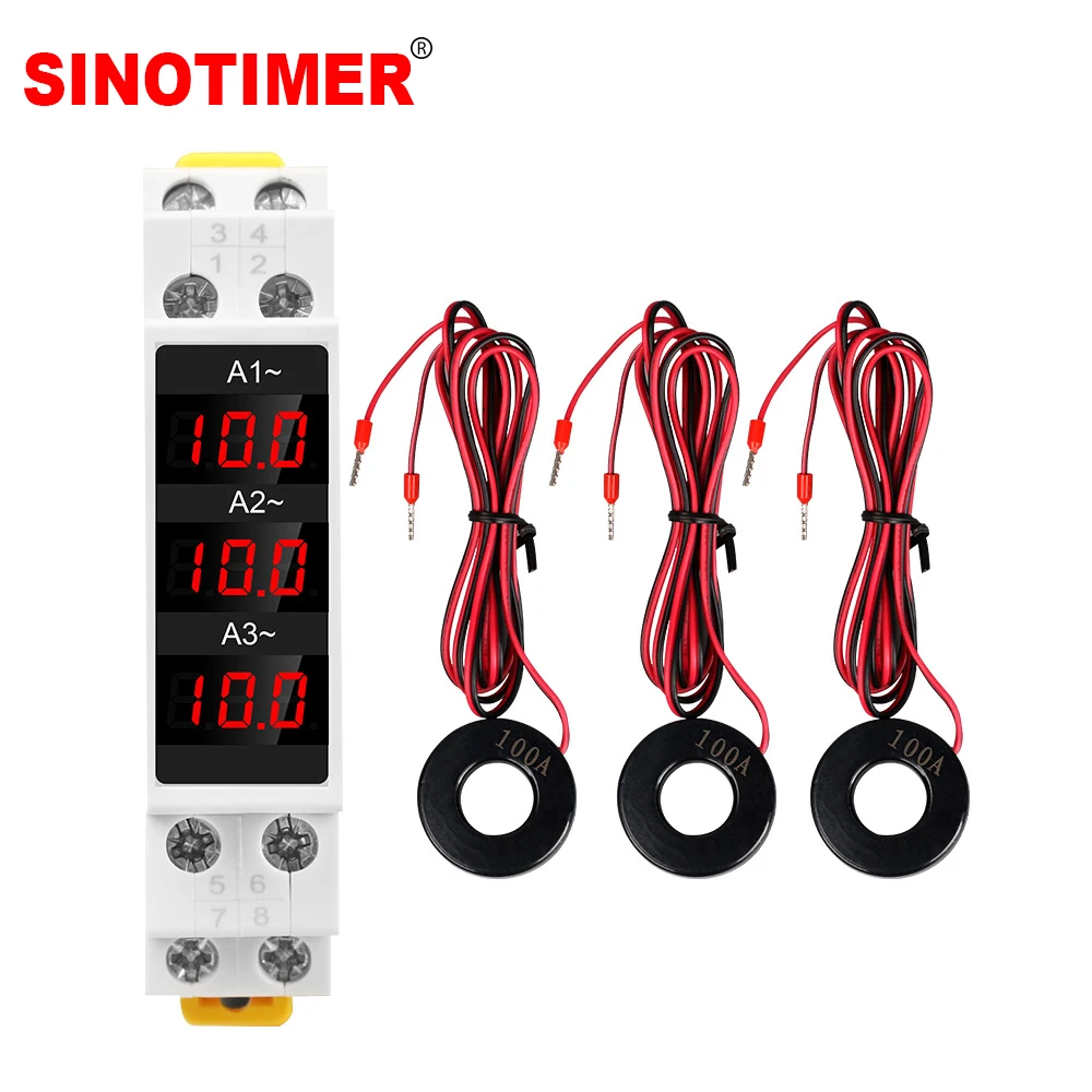 220V AC Din Rail 3 Phase Current Meters Digital Display Ammeter Monitor Ampere Meter Measuring 0-100A Ampermeter 80-500V