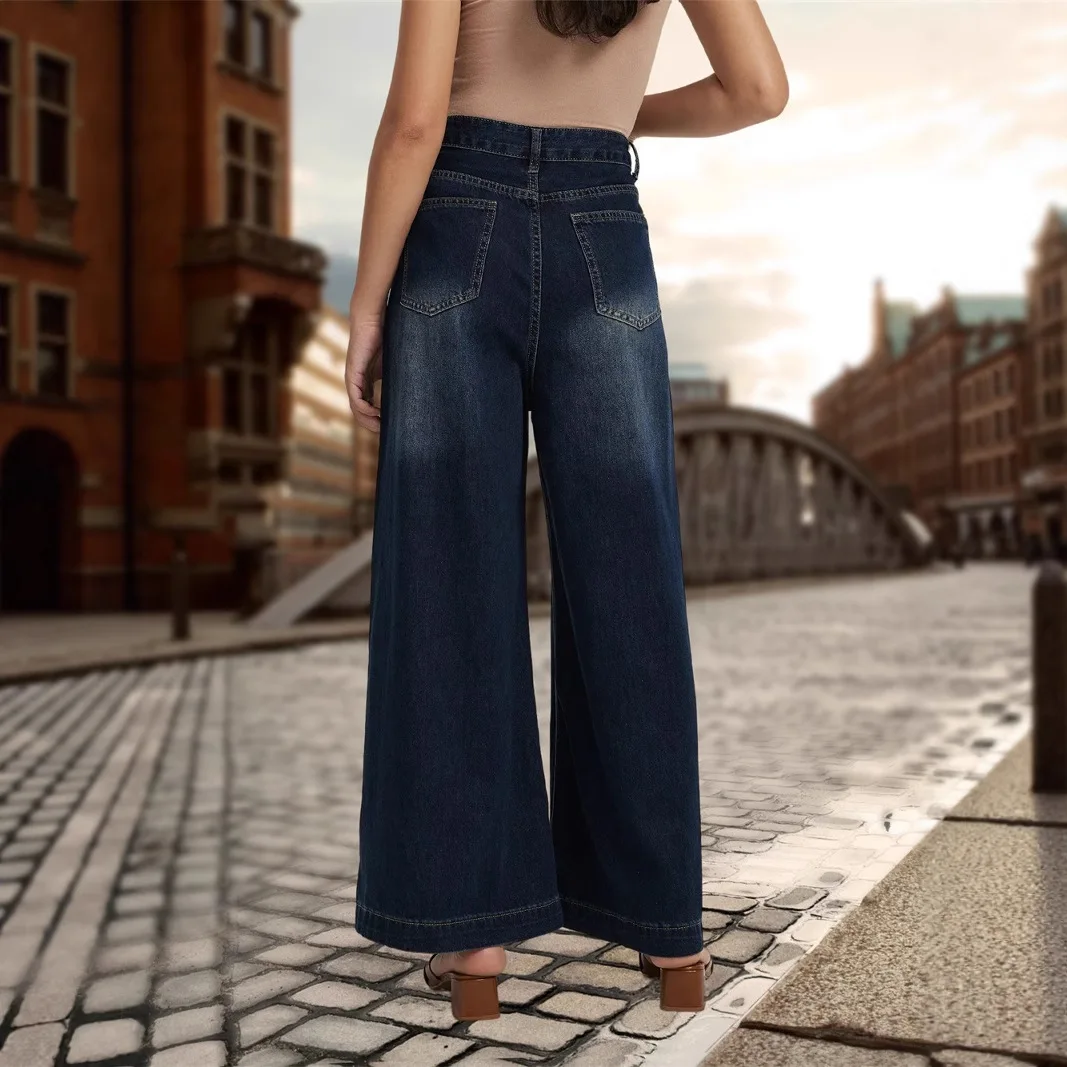 High Waist Wide Leg Loose Casual Simple Basic Solid Denim Trousers for Women European American Four Seasons Daily Jeans Pants