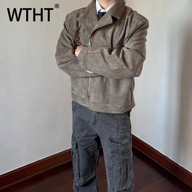 WTHT Fashion Men‘s Spliced Rivet Design Solid Color Coats Trend New 2026 Spring Lapel Zipper Loose Jackets Male 2A2676