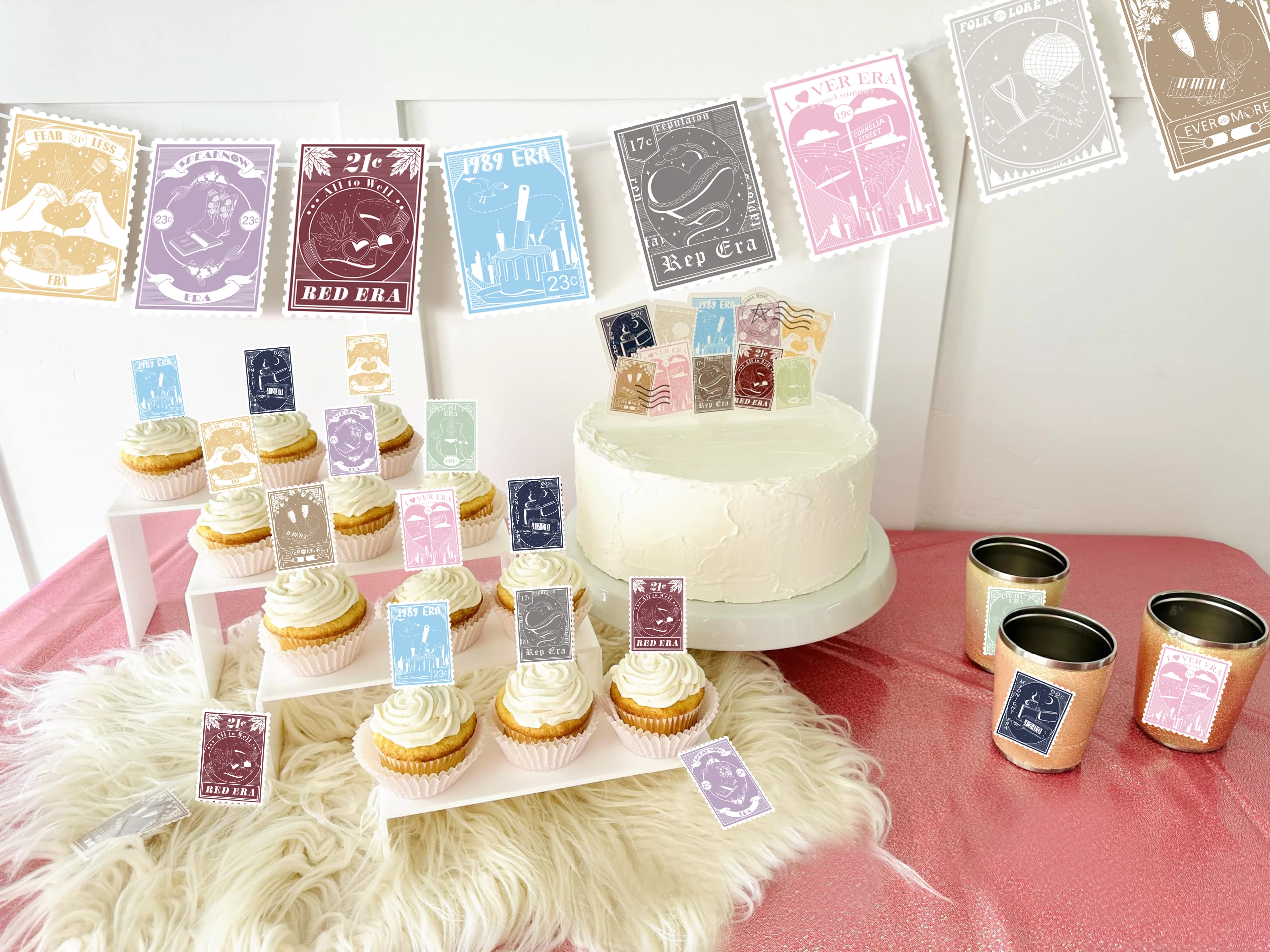 Tay Eras Music Birthday Party Kit 45pcs Banner, Cupcake Toppers, Stickers & Stamp Cake Toppers for Girls | Concert Theme Decor