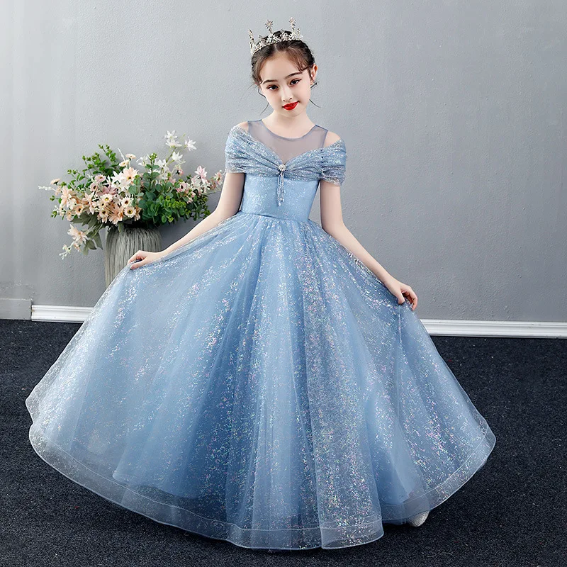 

Girls Dresses 2025 New Long Flower Girl Long Blue Gauze Gown Evening Dress Ball Catwalk Piano Performance Princess Customized