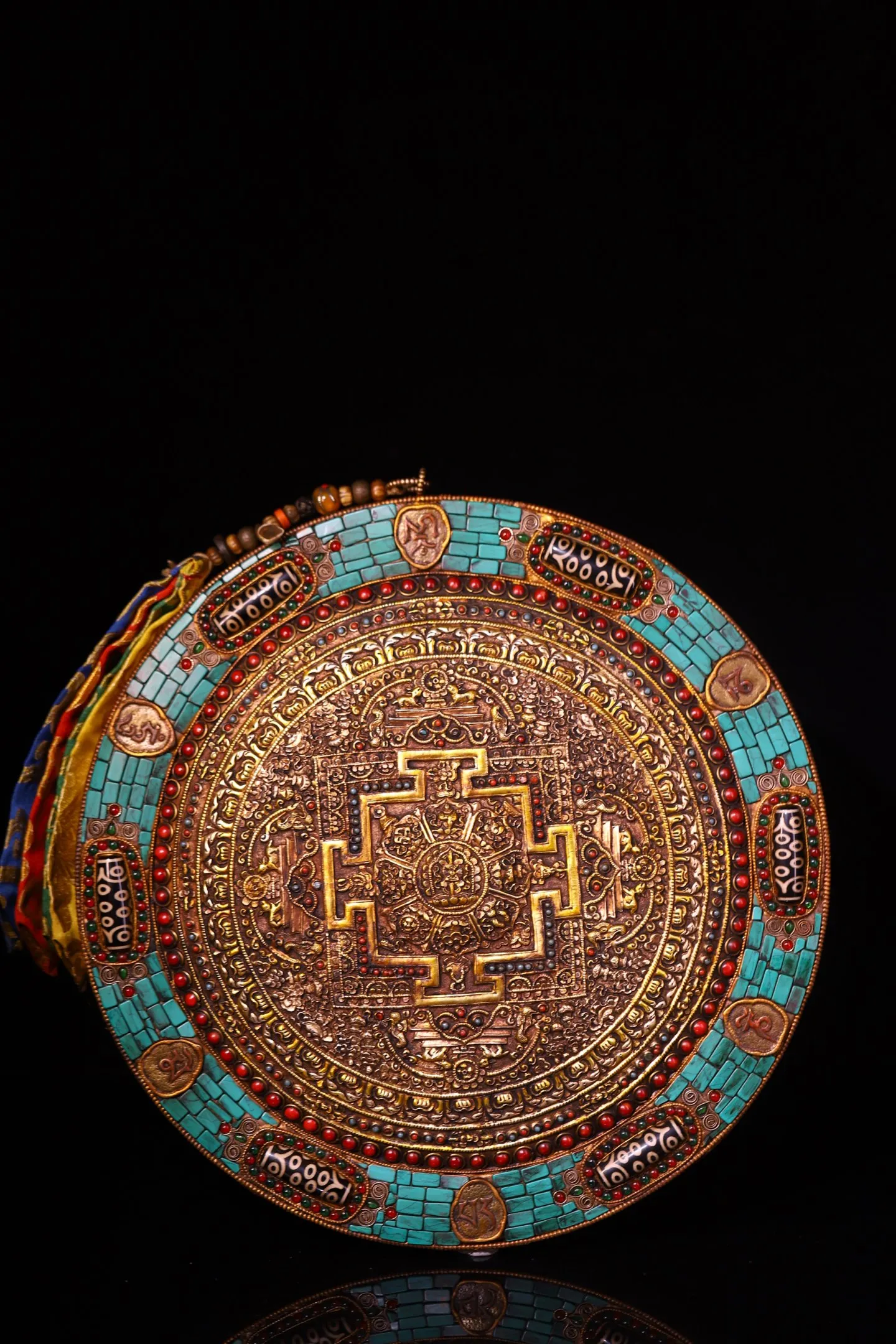 Old Tibetan silver Gilded Filigree Mosaic Gem Lucky Eight Treasures Pattern Thangka hanging panel Amulet Worship Hall Town house