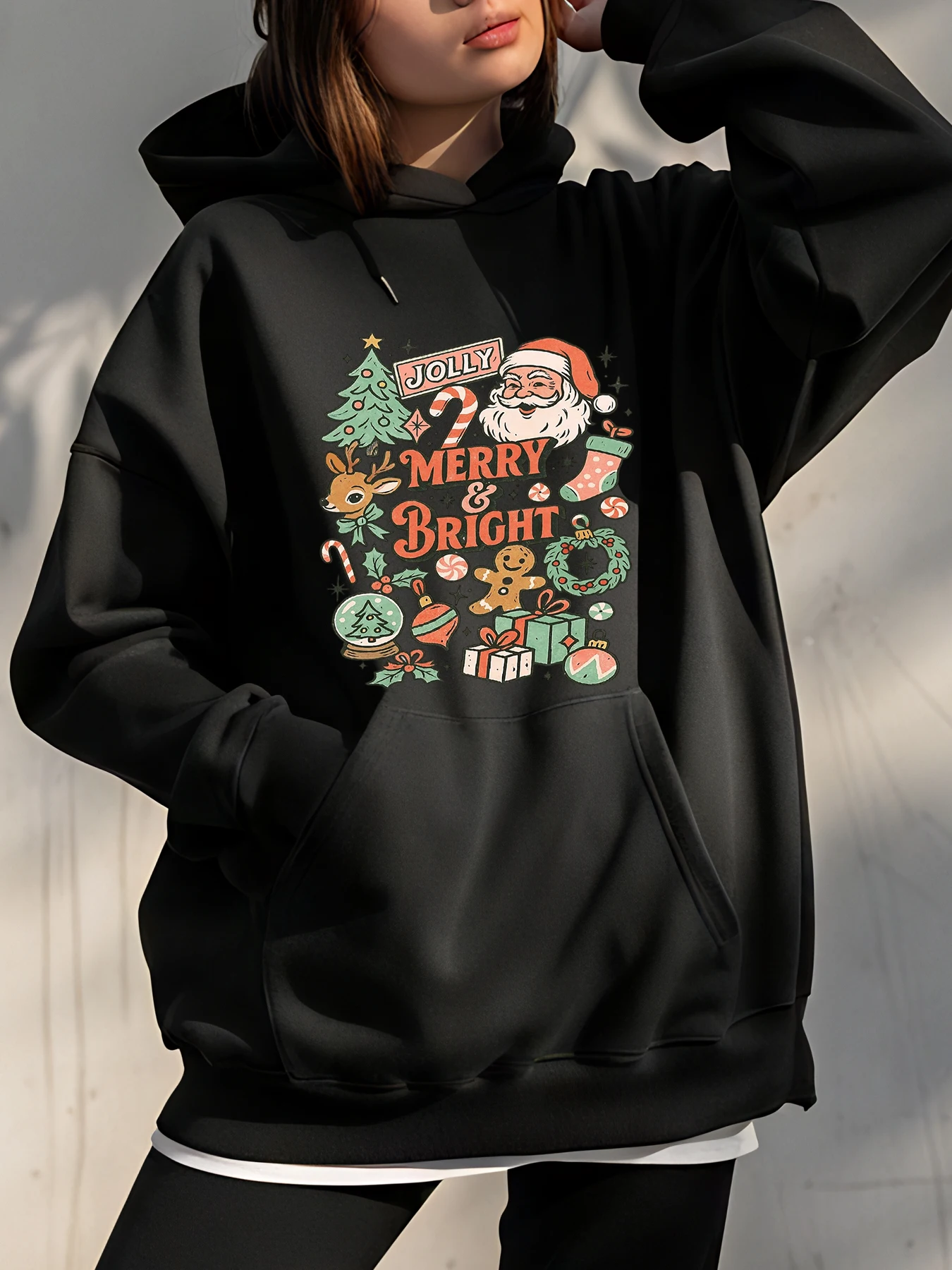เสื้อฮู้ดคริสต์มาสลายพิมพ์ Jolly Merry & Bright เสื้อสเวตเชิ้ตลำลองแบบยูนิเซ็กซ์สำหรับงานปาร์ตี้วันหยุดสำหรับผู้หญิงและผู้ชาย