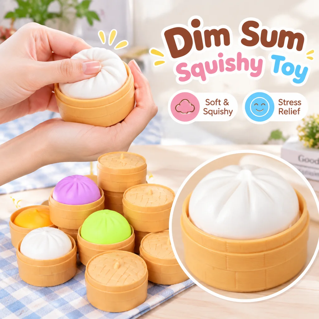 Realistic Squishy Bun Stress Relief Toy Large Decompression Soft Milk Scented BBQ Pork Bun with Steamer Basket Multi Color