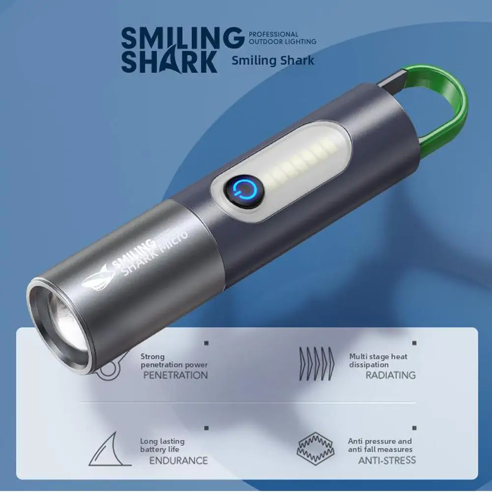 Smiling Shark Outdoor Bright Long Beam LED Flashlight USB Rechargeable Side Lock COB Hook Focusing with Light J8U8