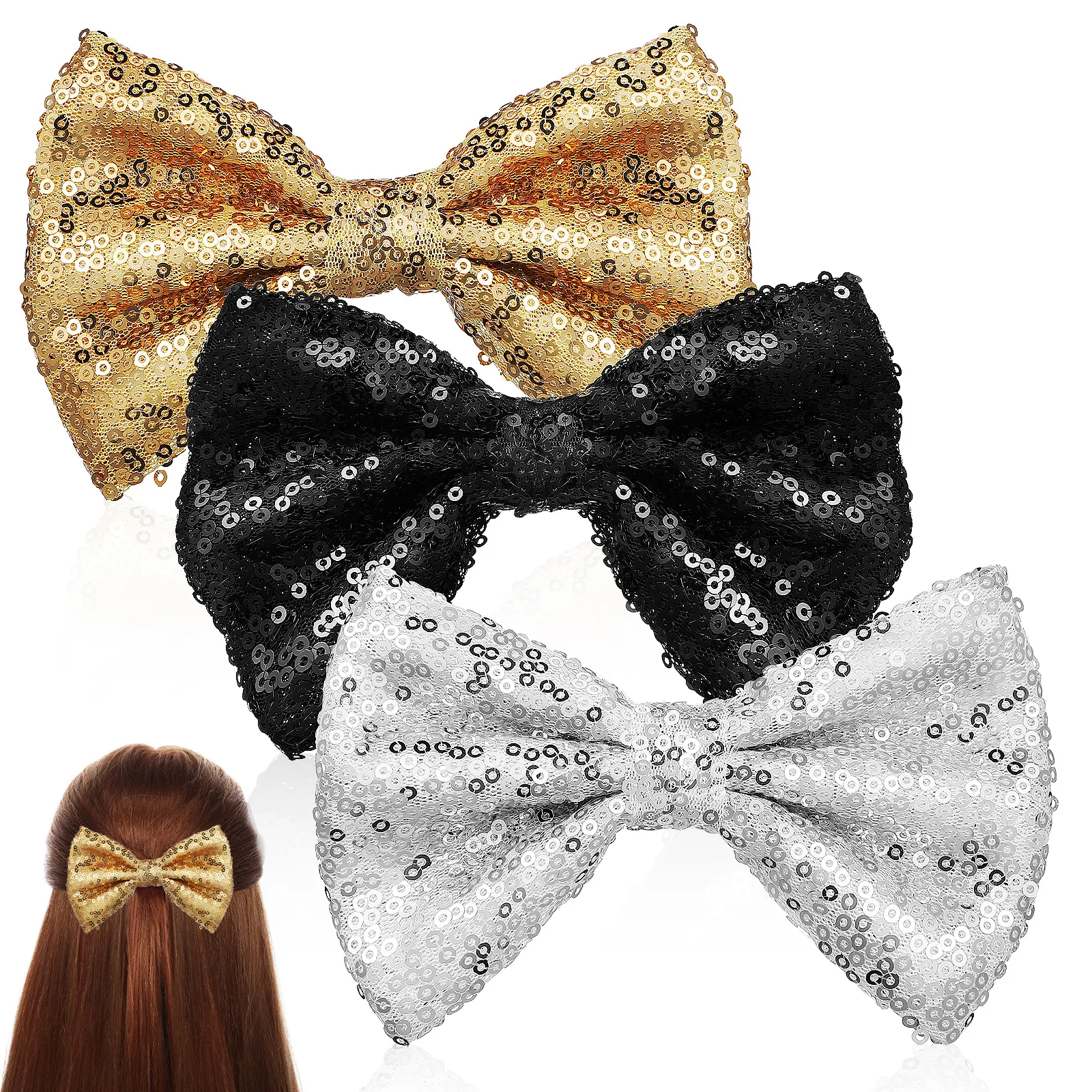 

3Pcs Sparkly Hair Bows Large Sequin Clips Bowknot Hair Accessories Alligator Clips for Prom Classroom Women Teens