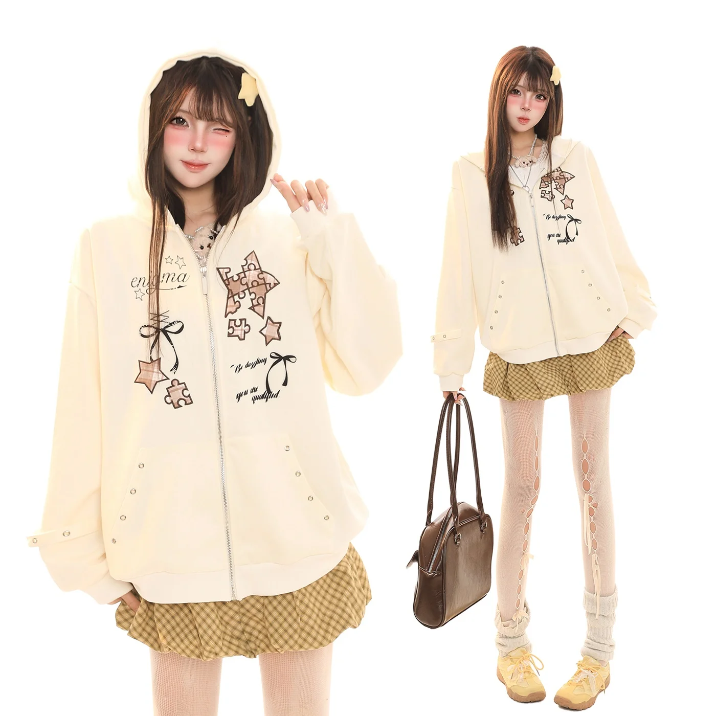 

Cute Cartoon Print Hoodie Women's Loose Casual Zipper Jaet Spring Sweet Sle Versatile Open Cardigan Warm Long Sve