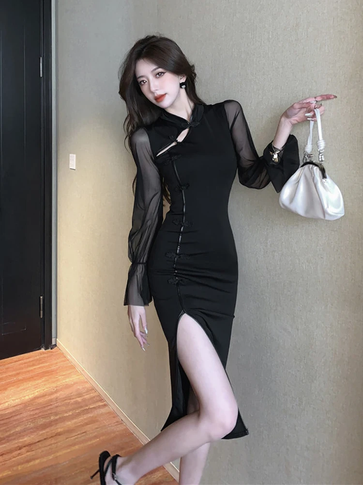 Midi dresses elegant black long sleeved sexy dress with Chinese style tight fitting dress Y2k club party slit Office dresses