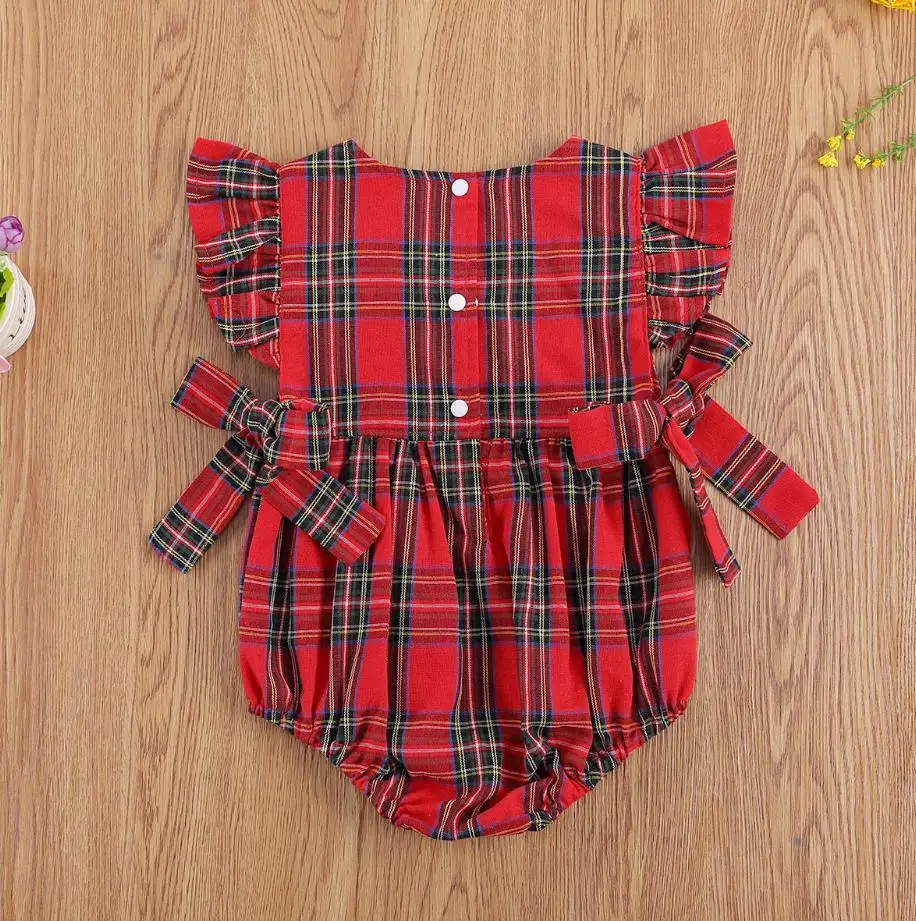 Baby Girl Christmas Bodysuits Long Sleeve Red Plaid Ruffle Lace Bodysuits Jumpsuit Xams Baby Clothes