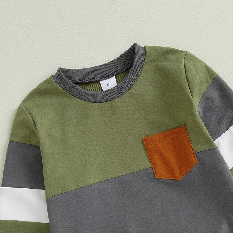 Conjunto de 2 piezas de sudadera con cuello redondo y manga larga con contraste de color para niño pequeño