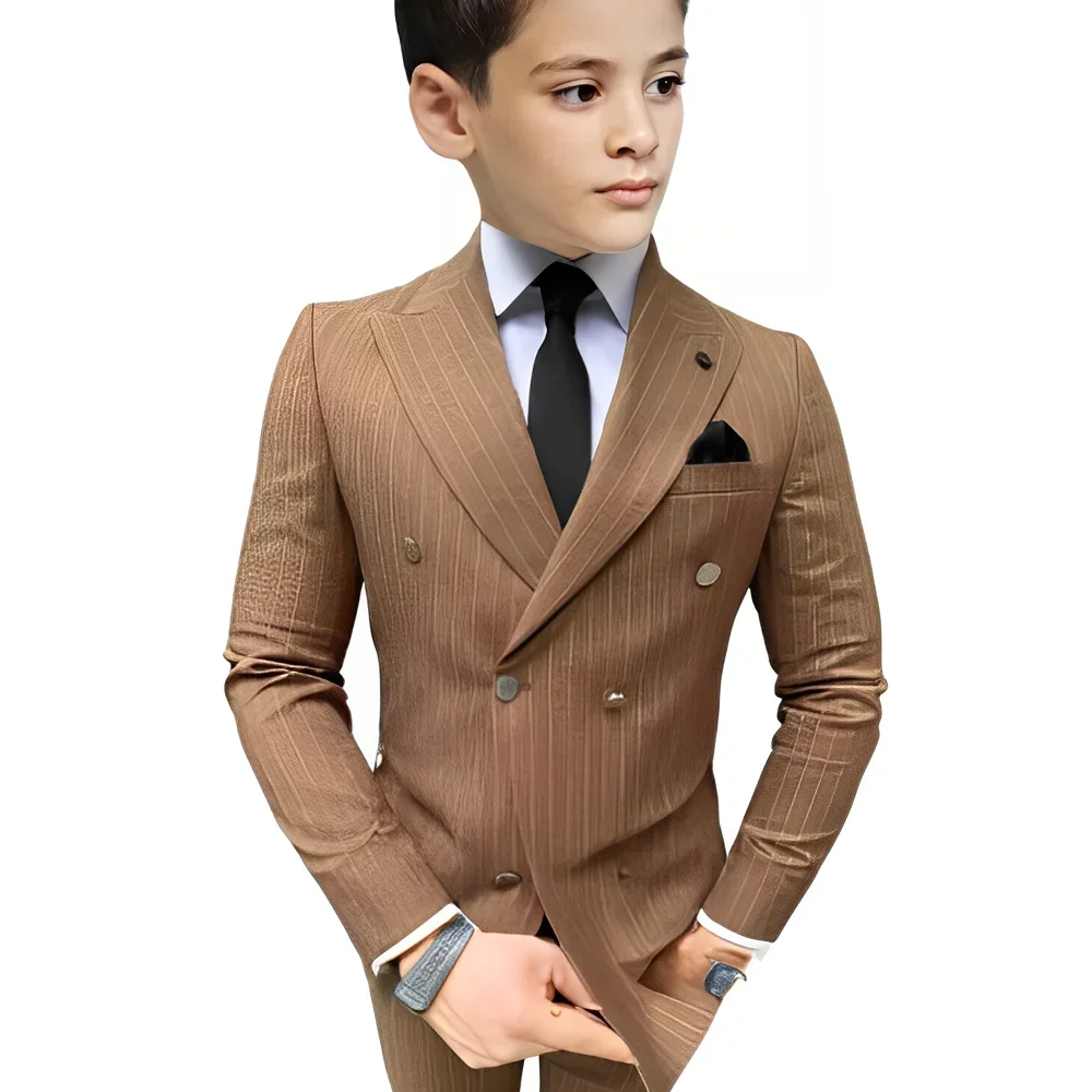 بدلة للأولاد مخططة مكونة من قطعتين سترة وسراويل مخصصة مزدوجة الصدر بدلة رسمية لحفلات الزفاف للأطفال