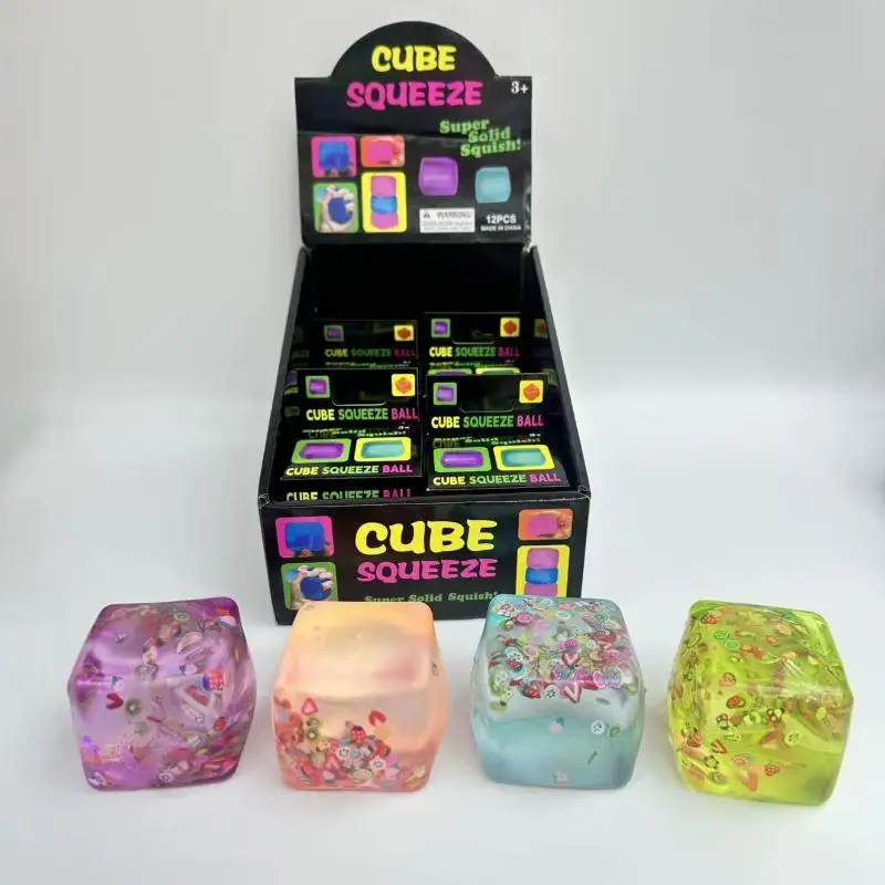 Transparent Glitter Cube Squeeze Toy Soft Lovely Stress Relief Fidget Toy for Classroom Reward Kids Prizes Gifts