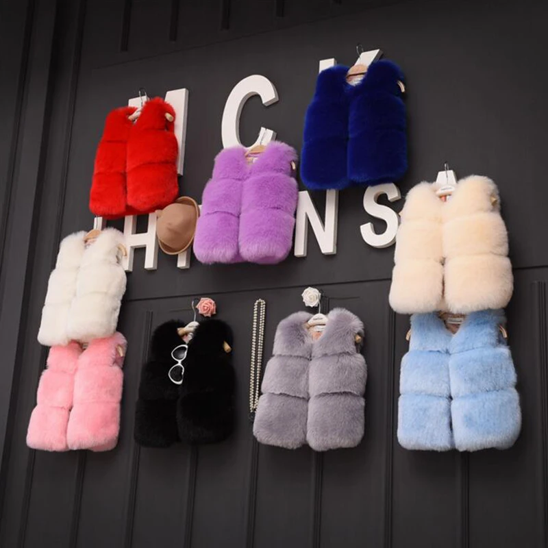 Pink White Faux Fur Vest Jacket Warm Fuzzy Waistcoats for Girls Kids Fashion Winter Autumn Thick Fleece Outerwear Toddler Child