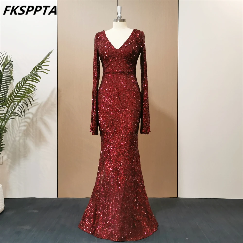 Stunning Burgundy Mermaid Full Sleeves Evening Dress Chic Sequined Floor Length Plus Size Prom Gowns In Stock Women Dresses