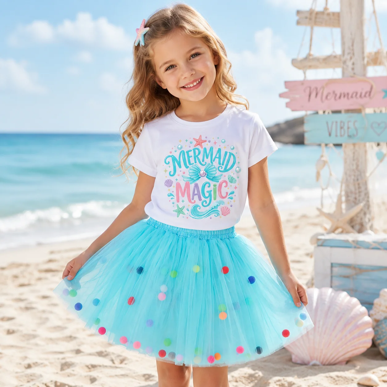 Summer Girls Mermaid Magic 2Pcs Outfit Kids Short Sleeve Print T-shirt Color Pom Pom Tulle Tutu Skirt Set Toddler Princess Birth
