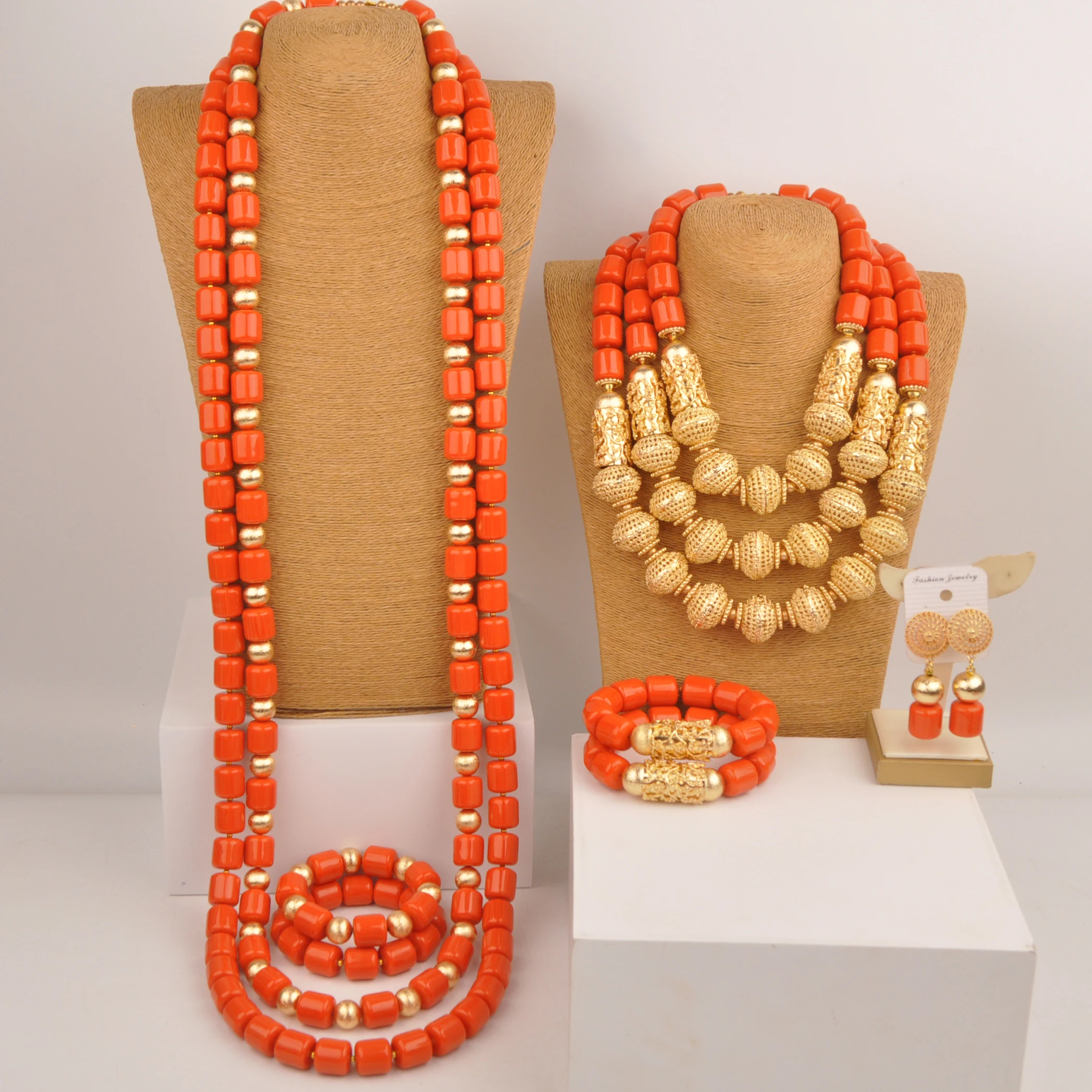 

Orange Artificial Coral Bead African Jewelry Nigerian Wedding Necklace Sets