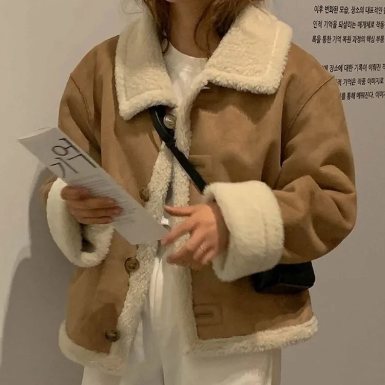 

Шикарное осенне-зимнее пальто с теплым меховым кожаным воротником на одной пуговице, универсальное пальто в стиле ретро в Корейском стиле, пальто прямого кроя