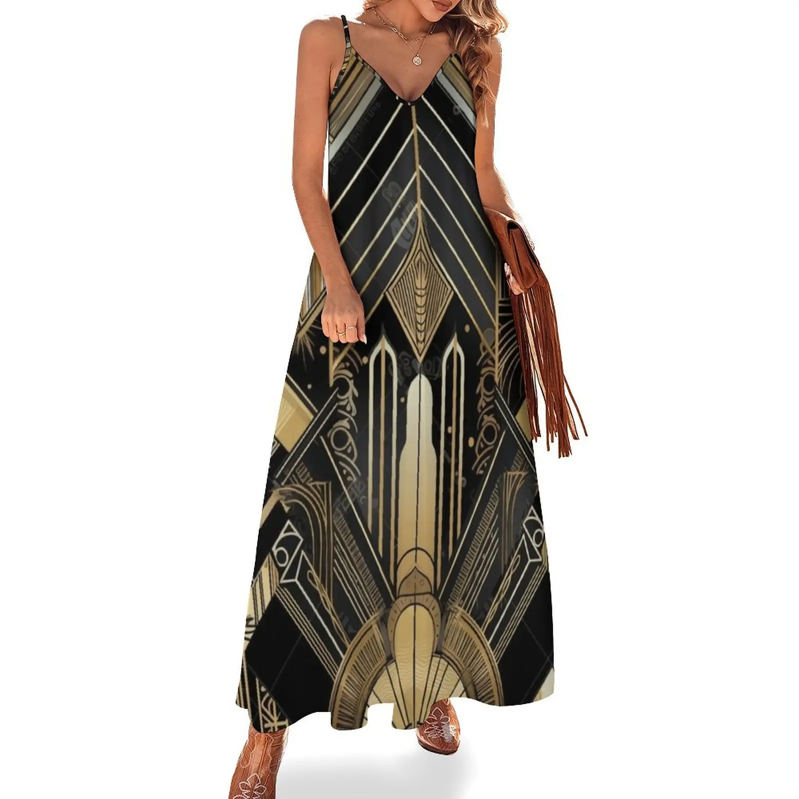 

Gilded Deco: Timeless Art Deco Motifs #12 Sleeveless Long Dress Women's summer skirt Women's clothing Dress