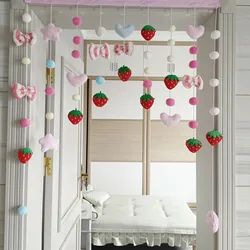 Pink Kawaii Doorway Curtains Strawberry Heart Plush Ball Door Curtain Pendant Melody Velcro Bedroom Living Room Decor Christmas