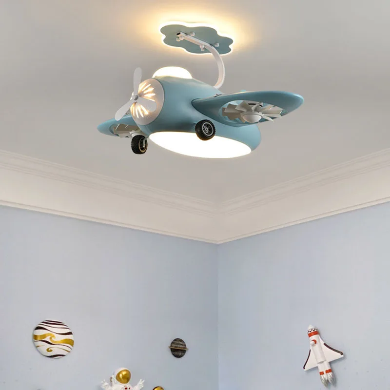 Lovely Ceiling Fan Light With LED Dimmable Plane Model Yellow Blue Pink Children Room Playground Dropshipping