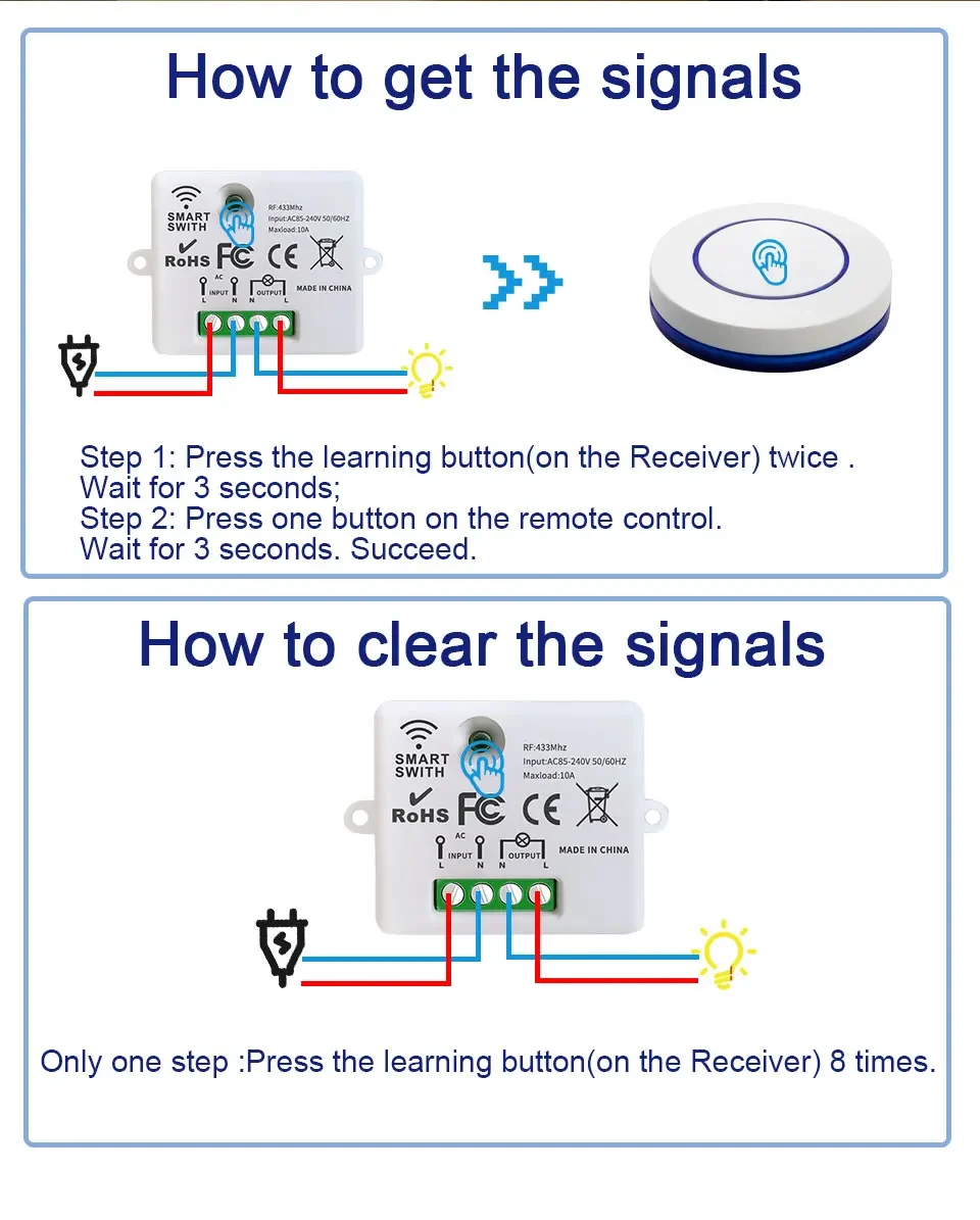 RF 433MHz Wireless Remote Control Light Switch 220V 110V 10A Relay Receiver Mini Round Button Wall Panel Switch For LED Lamp