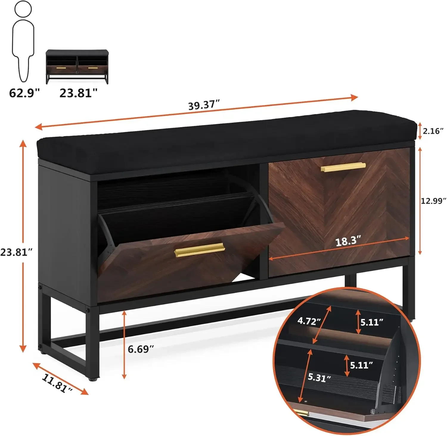 Shoe Storage Bench w/Seat Cushion, Entryway Shoe Bench w/ 2 Flip Drawers and Storage Cabinet for Living Room, Bedroom, Mudroom