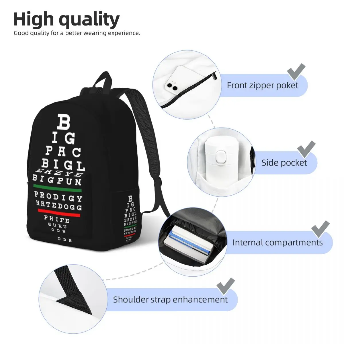 Canvas Eye Chart Mochila para mulheres e homens, escola, estudante universitário Bookbag, Fits 15 "Laptop, Óptica Óptica Sacos