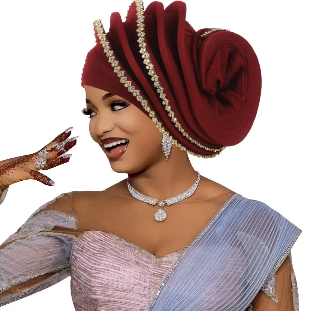 Luxury Rhinestone Decor Spiral Turban Sparkling Ethnic African Turban Cap Rhinestone Headpiece For Women Ladies