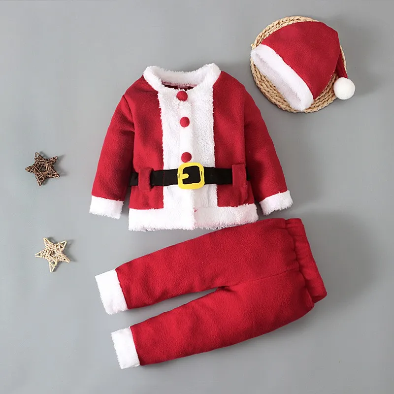 Boys and girls long sleeves Christmas kids Santa Claus shirt, pants and hat three-piece set