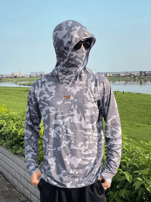 

Men's Summer Outdoor Cycling Fiing Sun Protection Ice Silk Breathable Cool Feeling Lightweight Long Sve Hooded Thin Coat