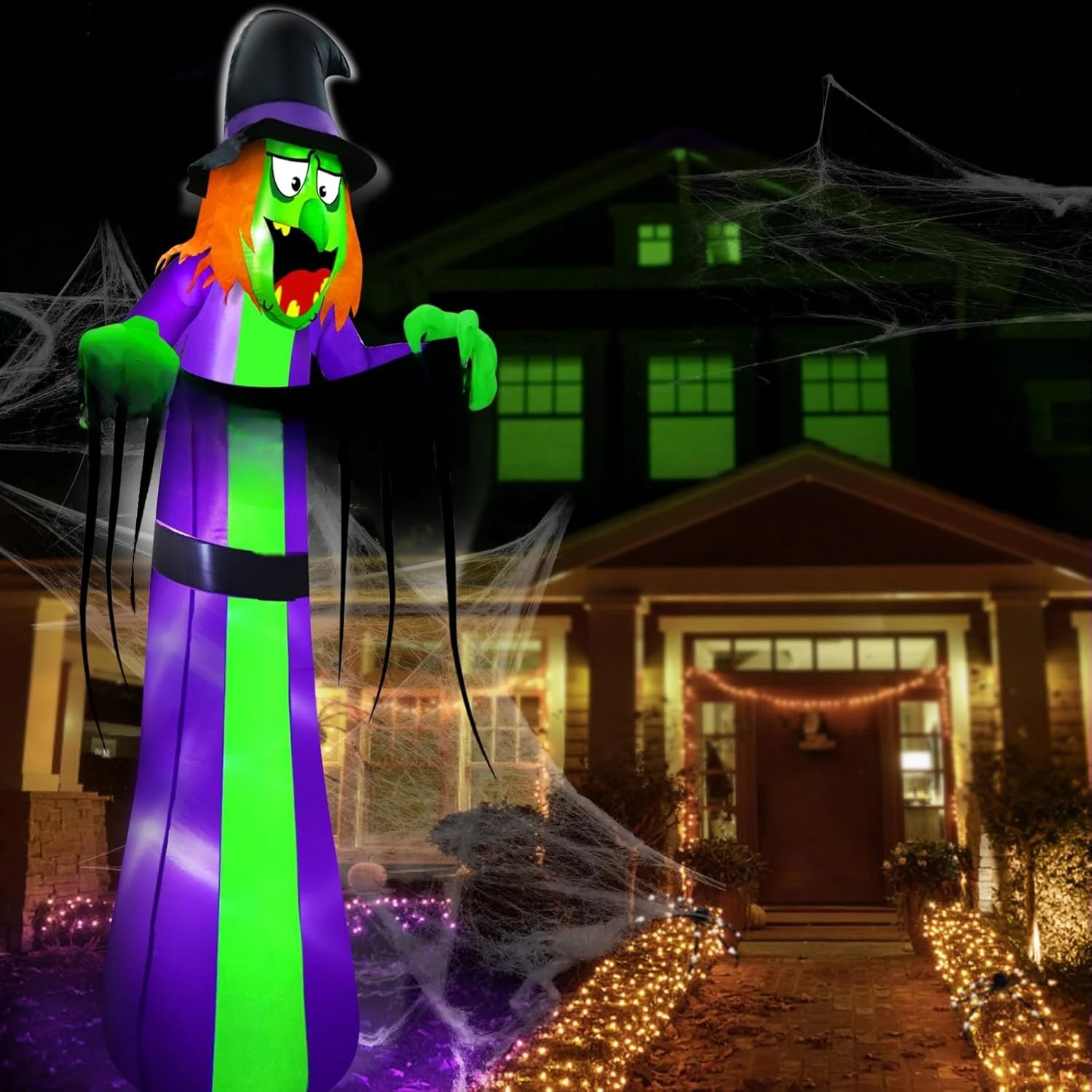 Outdoor Decorations with LED Lights,Scary Witch Holds I Smell Children Banner Blow Up Halloween Decorations