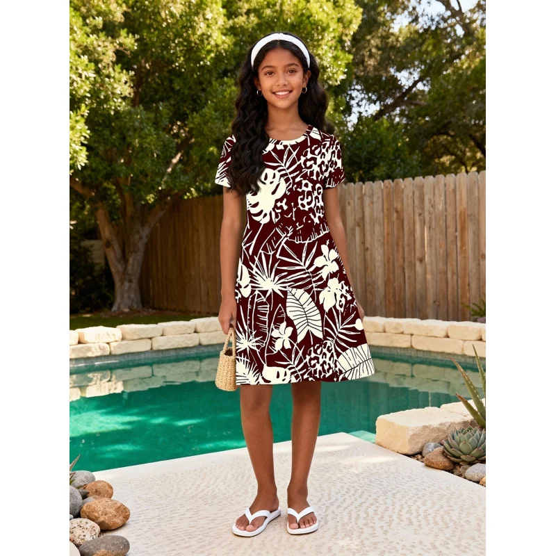Girls' 2026 Tropical Leopard Print Short Sleeve Dress Casual Fashion A-Line Skirt Children's Clothing