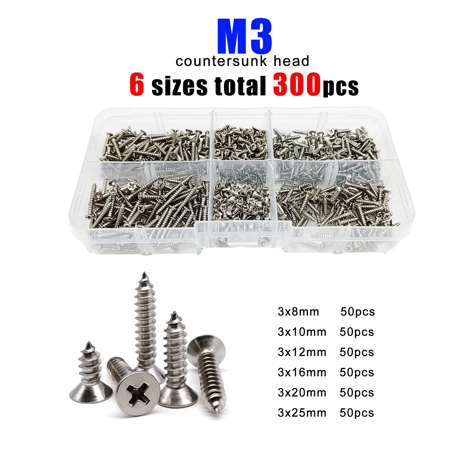 Phillips Flat Countersunk Round Pan Head Self Tapping Wood Screw Mix 6 Sizes M2 M3 Assortment Set Kit 304 A2-70 Stainless Steel