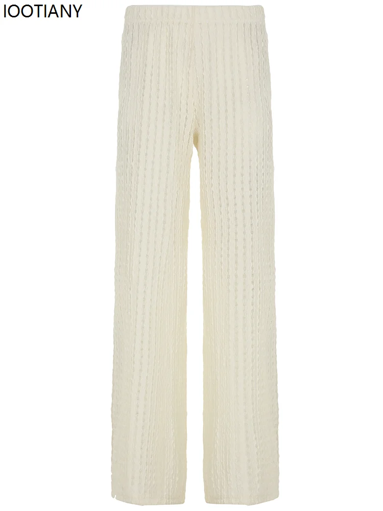 Beach Hollow Knitted Casual Pants Low Waist Loose Straight Pants Beautiful Women's Holiday Sexy Slightly Transparent Trousers