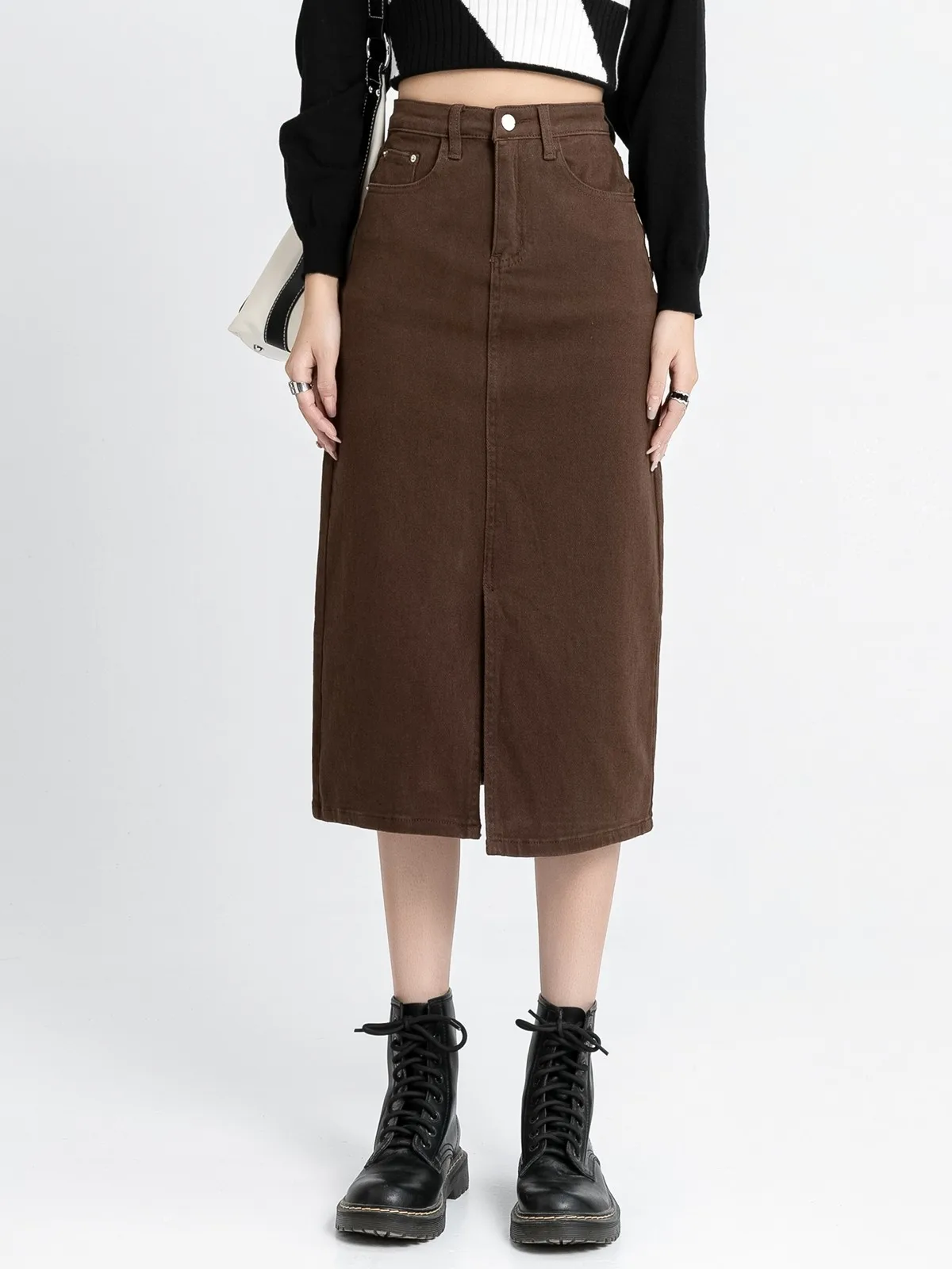 

ZHISILAO New Brown High Waist Straight Denim Skirt for Women Vintage Black Split Fork Blue Long Bodycon Pencil Jean Skirt