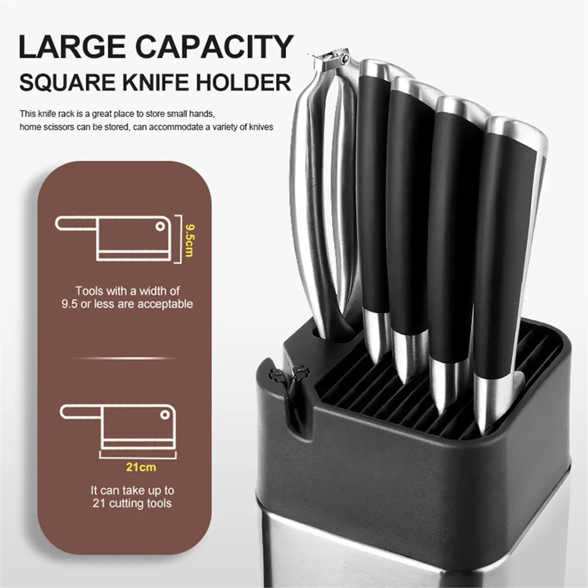 Stainless Steel Standing Knife Holder for 1-10pcs with Sharpening Edge and Scissors Socket Block