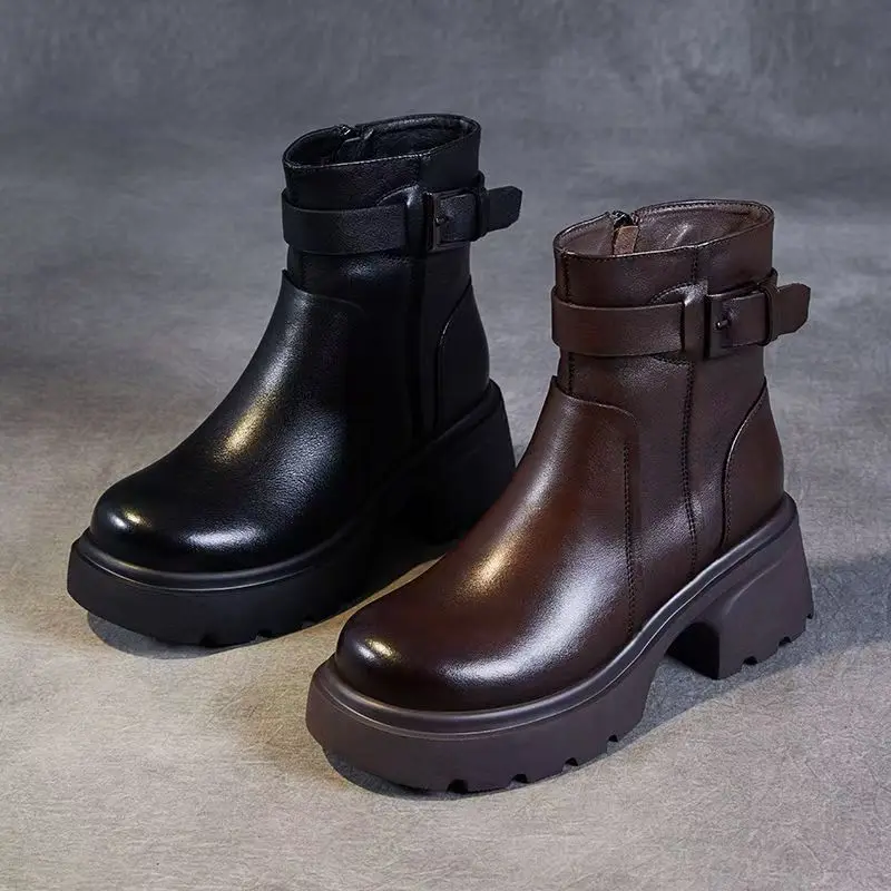 2026 High-top Women's Boots With Winter And Autumn Belt Fasteners Soft Leather Anti-slip Casual Motorcycle Boots