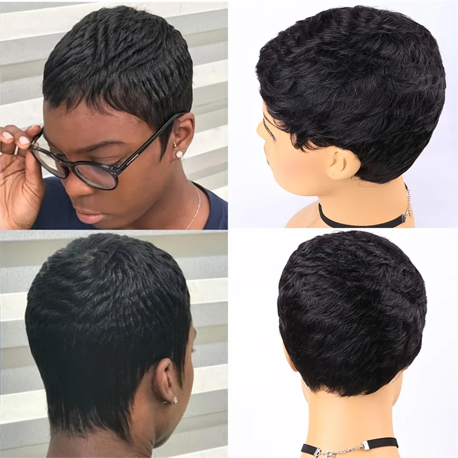 pixie cut human hair remy hair 4inch 150% density machine made natural black color short straight layered human hair wigs