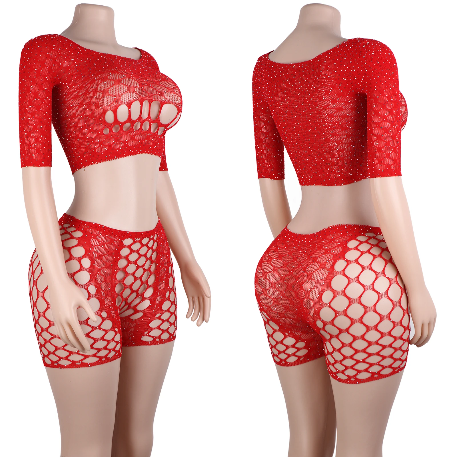 

Stripper Outfit Two-Piece Shorts Mesh Rhinestone Sleeve Waist Quality Clubwear Exotic Dancewear Lingerie Stage Designer Costume
