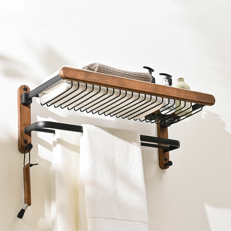 Folding Storage Rack Metal Alumimum Walnut Punch-Free Bath Hardware Pendant Set Wall-Mounted  2-Layer with Mesh Basket Household