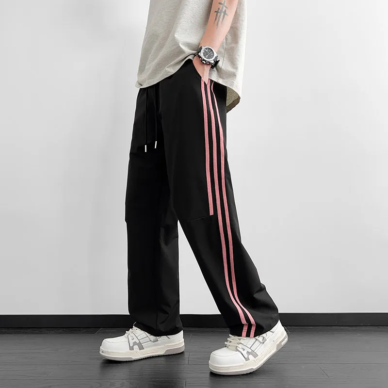 High street vintage listrado sweatpants homens perna larga verão goth masculino calças esportivas em linha reta streetwear treino bottoms