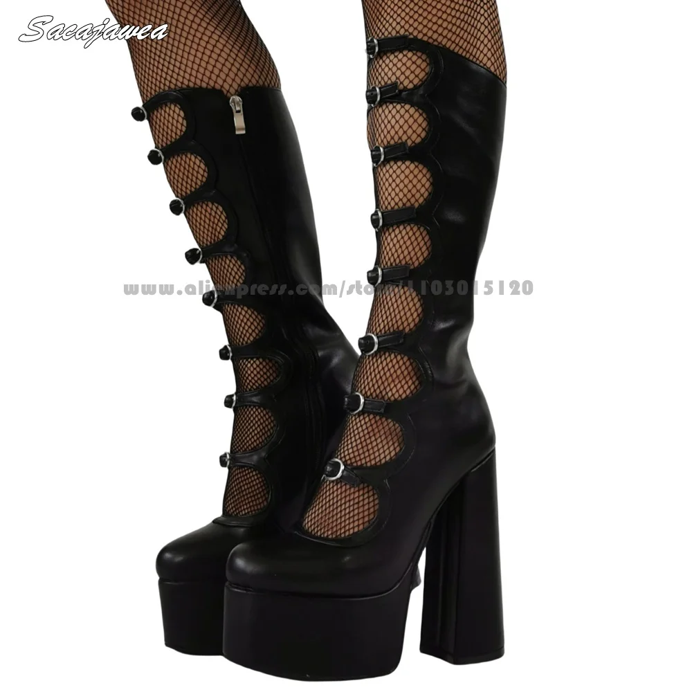 Solid Front Belt Bcukle Strap Hollow Holiday Party Boots Round Toe Platform Lady Casual Knee High Boots Size 36-46 Sexy Shoes