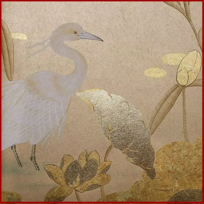 Dynamic Crane & Lotus Gilded Hand Painted Wallpapers