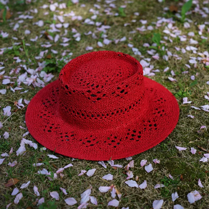 retro-red-woven-flat-top-women's-summer-sun-hat-holiday-outing-gift-cap-breathable-wide-brim-hat-adjustable-unisex-hat