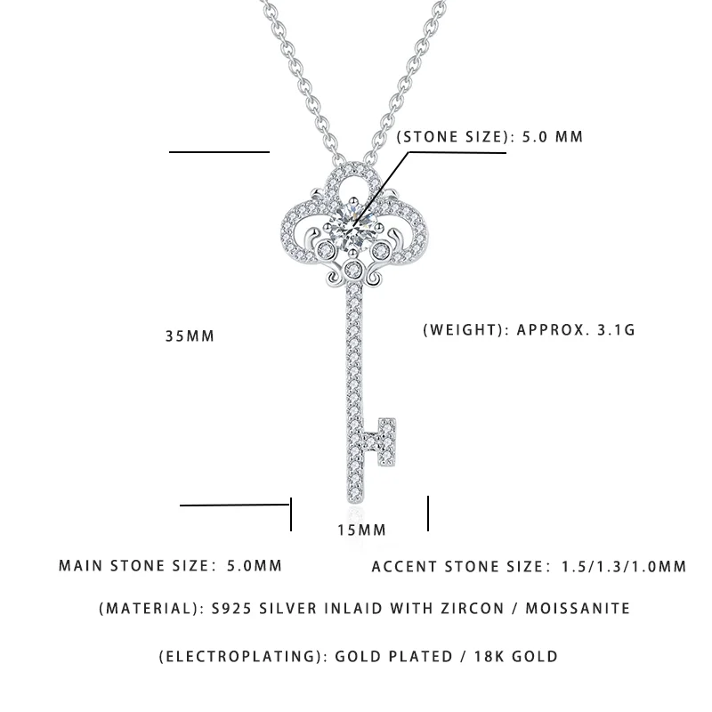 

Серебряное колье 925 пробы с позолотой 18K и подвеской в виде ключа для женщин, полностью инкрустированное цирконами и муассанитами