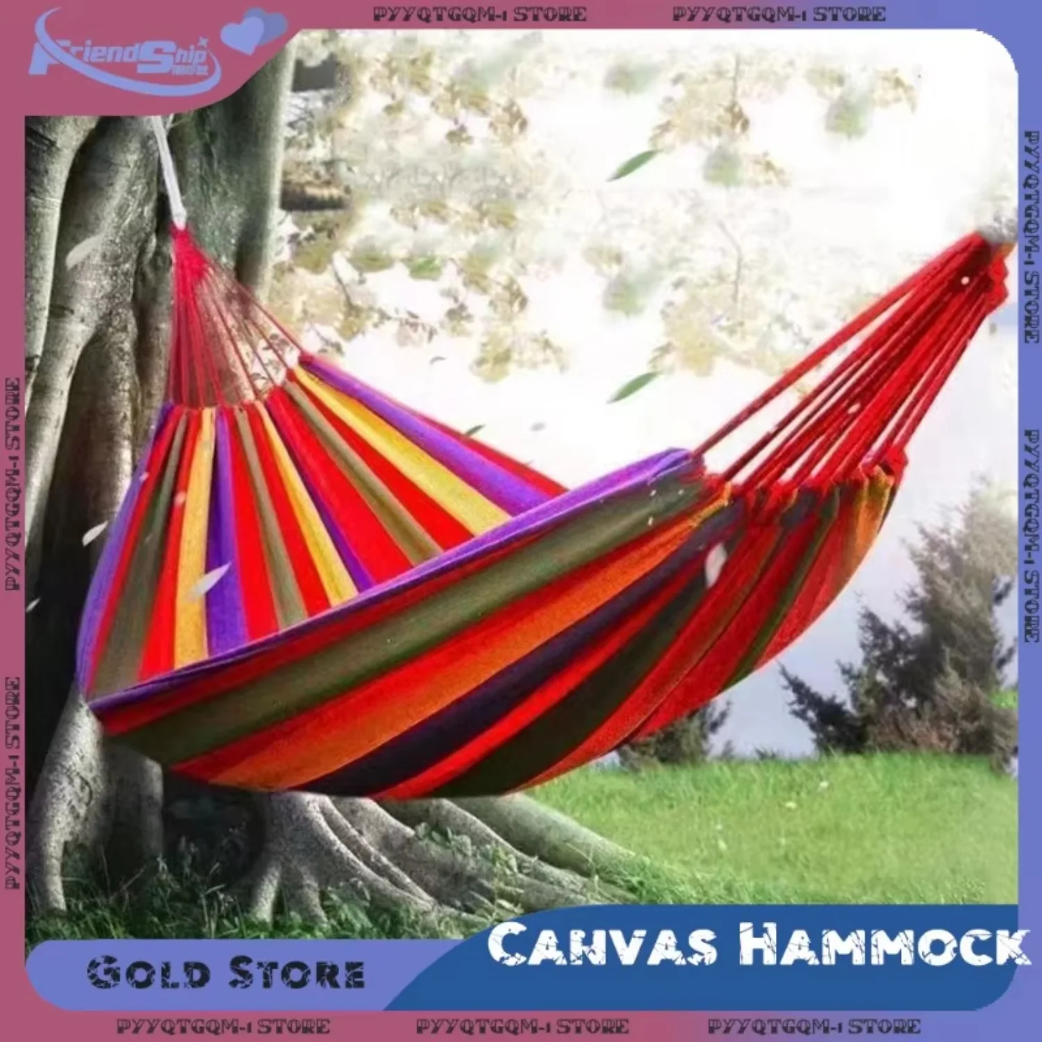 

Outdoor canvas hammock single portable thick camping swing chair, wooden rope, rollover prevention striped bed, hook-style hammo
