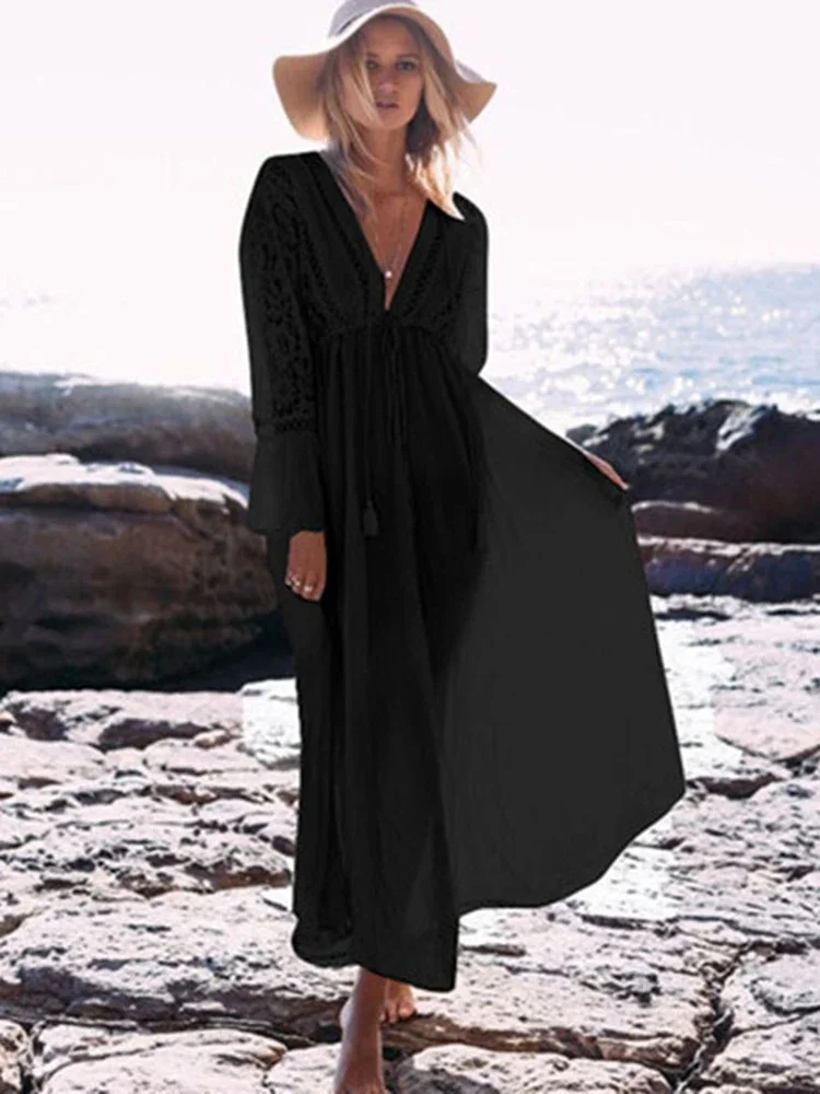 Nuevo Bikini con cuello en V profundo para mujer, pareo para la playa, encaje empalmado, manga larga, con cordones, moda de verano, vestido femenino, ropa de playa